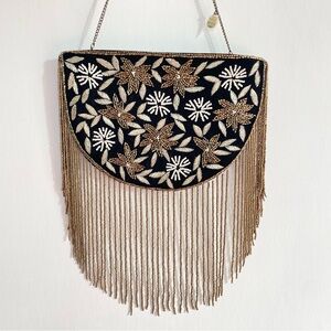 St Xavier Sapphire Bag Black Gold Beaded Velvet Embroidered Chain Strap Fringe